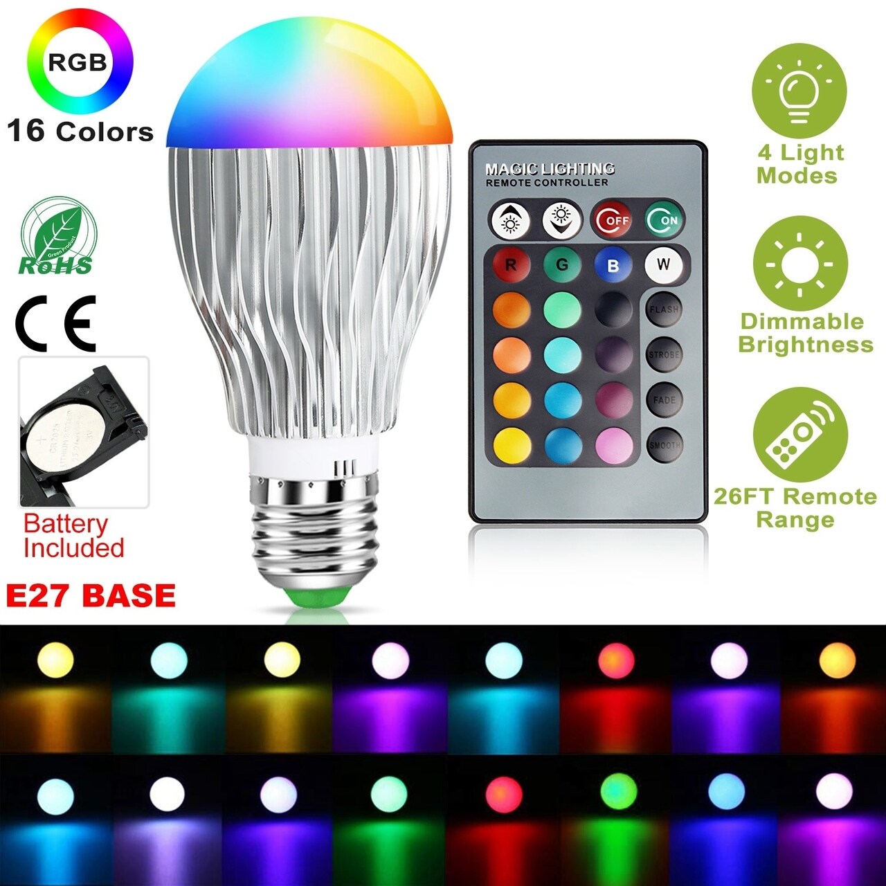 9W Rgb Led Light Bulb E27 With Remote 16 Colors Adjustable Brightness 50K Hours